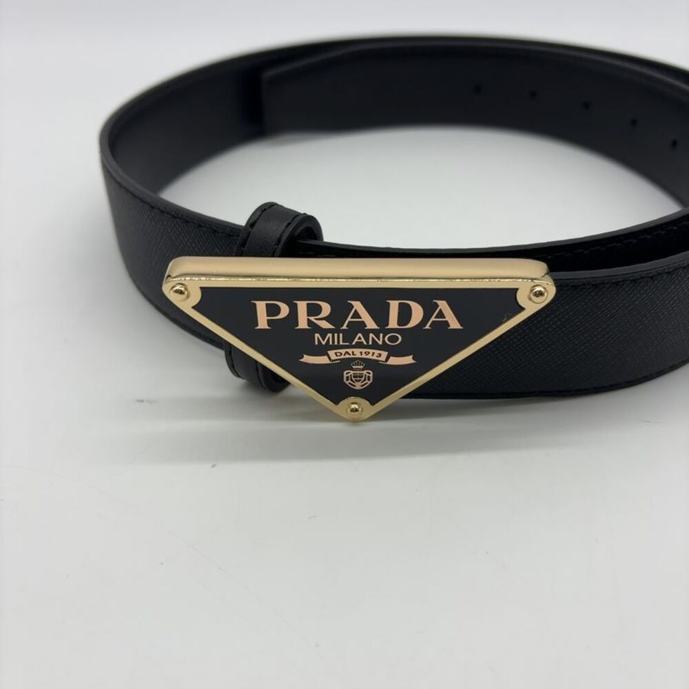 Prada Black Leather Belt with Gold Prada Triangle Logo - Picture 4 of 4